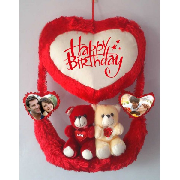 Personalized Red Couple Teddy Bear Hanging Heart Jhoola